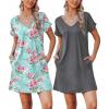 Ekouaer Womens 2 Pack Nightgown V Neck Sleepshirt Short Sleeve Nightshirt Soft Sleep Dress with Pockets(Rose Flower+grey)