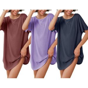 Ekouaer 3 Pack Women’s T-shirt Nightgown Waffle Knit Short Sleeve Sleepshirts Casual Cover Ups S-XXXL(Set 4)