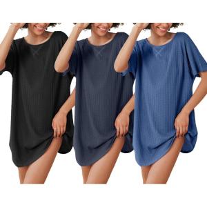 Ekouaer 3 Pack Women’s T-shirt Nightgown Waffle Knit Short Sleeve Sleepshirts Casual Cover Ups S-XXXL(Set 5)