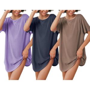 Ekouaer 3 Pack Women’s T-shirt Nightgown Waffle Knit Short Sleeve Sleepshirts Casual Cover Ups S-XXXL(Set 7)