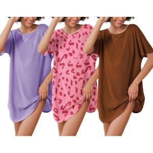 Ekouaer 3 Pack Women’s T-shirt Nightgown Waffle Knit Short Sleeve Sleepshirts Casual Cover Ups S-XXXL(Set 9)