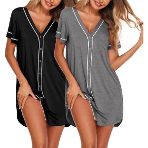 Ekouaer Nightgowns for Women 2 Pack Button Down Sleep Shirts Short Sleeve Night Shirts V Neck Sleepwear Soft Pajama Dress(Black/Grey)