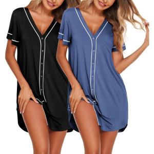 Ekouaer Nightgowns for Women 2 Pack Button Down Sleep Shirts Short Sleeve Night Shirts V Neck Sleepwear Soft Pajama Dress(Black/Navy)