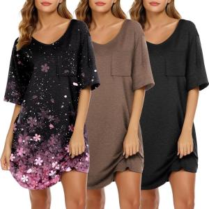 Ekouaer Nightgowns for Women 3 Pack Sleepshirt Short Sleeve Nightshirt V Neck Sleepdress Oversized Sleepwear(Black+brown+cherry Blossoms)