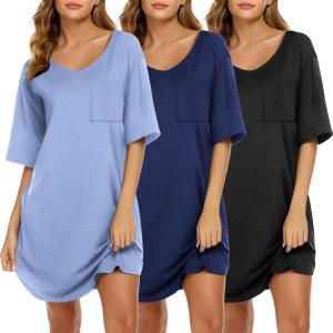Ekouaer Nightgowns for Women 3 Pack Sleepshirt Short Sleeve Nightshirt V Neck Sleepdress Oversized Sleepwear(Black+navy Blue+light Blue)