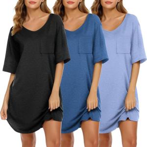 Ekouaer Nightgowns for Women 3 Pack Sleepshirt Short Sleeve Nightshirt V Neck Sleepdress Oversized Sleepwear(Black+peacock Blue+light Blue)