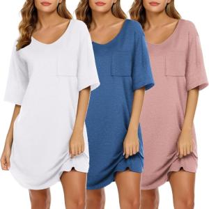 Ekouaer Nightgowns for Women 3 Pack Sleepshirt Short Sleeve Nightshirt V Neck Sleepdress Oversized Sleepwear(Peacock Blue+white+misty Pink)