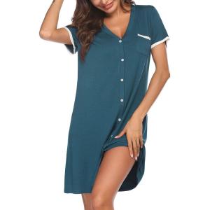 Ekouaer Nightgowns for Women Button Down Pajamas Tops Short Sleeve Sleepwear V-Neck Sleepwear S-3XL(Blue & Green)