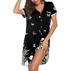 Ekouaer Nightgowns for Women Button Down Pajamas Tops Short Sleeve Sleepwear V-Neck Sleepwear S-3XL(Butterfly)