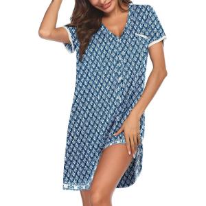 Ekouaer Nightgowns for Women Button Down Pajamas Tops Short Sleeve Sleepwear V-Neck Sleepwear S-3XL(Ethnic Print)
