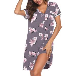 Ekouaer Nightgowns for Women Button Down Pajamas Tops Short Sleeve Sleepwear V-Neck Sleepwear S-3XL(Grey Flower)