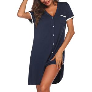 Ekouaer Nightgowns for Women Button Down Pajamas Tops Short Sleeve Sleepwear V-Neck Sleepwear S-3XL(Navy Blue)