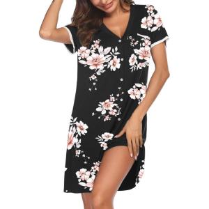 Ekouaer Nightgowns for Women Button Down Pajamas Tops Short Sleeve Sleepwear V-Neck Sleepwear S-3XL(Pink Flower)