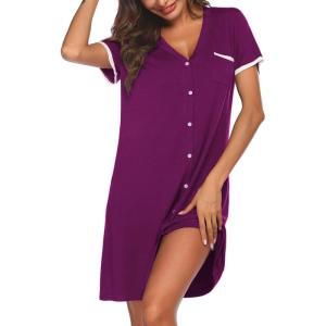 Ekouaer Nightgowns for Women Button Down Pajamas Tops Short Sleeve Sleepwear V-Neck Sleepwear S-3XL(Purple)