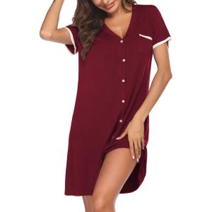 Ekouaer Nightgowns for Women Button Down Pajamas Tops Short Sleeve Sleepwear V-Neck Sleepwear S-3XL(Wine Red)