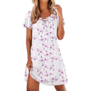 Ekouaer Nightgowns for Women Pleated Sleep Shirts Short Sleeve Night Shirts Comfy Ladies Sleepdress(Purple White Floral)