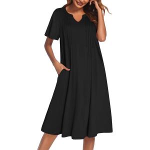 Ekouaer Nightgowns for Women Short Sleeve House Dress Pleated Moo Moos V Neck Lounge Dress with Pockets(Black)