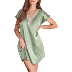 Ekouaer Satin Nightgowns for Women Short Sleeve Nightshirt Silk Sleepwear Lace V Neck Pajama Dress S-XXL(Light Green)