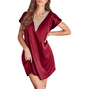 Ekouaer Satin Nightgowns for Women Short Sleeve Nightshirt Silk Sleepwear Lace V Neck Pajama Dress S-XXL(Wine Red)
