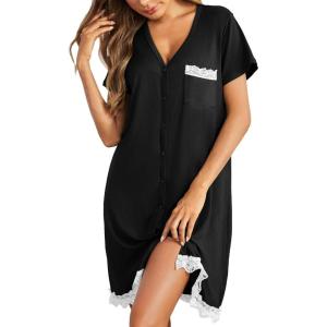 Ekouaer Women Striped Nightgowns Button Down Sleepshirts Short Sleeves Nightshirts(01 Black)