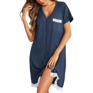Ekouaer Women Striped Nightgowns Button Down Sleepshirts Short Sleeves Nightshirts(Dark Blue)