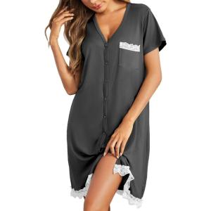 Ekouaer Women Striped Nightgowns Button Down Sleepshirts Short Sleeves Nightshirts(Dark Grey)
