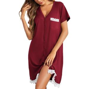 Ekouaer Women Striped Nightgowns Button Down Sleepshirts Short Sleeves Nightshirts(Wine Red)