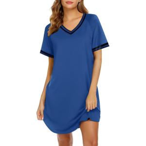 Ekouaer Womens Nightgown Short Sleeve Sleepshirt V Neck Sleepdress Casual Nightshirt Sleepwear Loungewear S-XXXL(Blue)