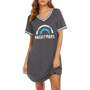 Ekouaer Womens Nightgown Short Sleeve Sleepshirt V Neck Sleepdress Casual Nightshirt Sleepwear Loungewear S-XXXL(Dark Grey)