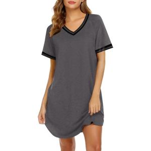 Ekouaer Womens Nightgown Short Sleeve Sleepshirt V Neck Sleepdress Casual Nightshirt Sleepwear Loungewear S-XXXL(Dark Grey-2)