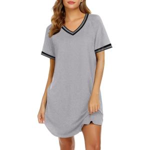 Ekouaer Womens Nightgown Short Sleeve Sleepshirt V Neck Sleepdress Casual Nightshirt Sleepwear Loungewear S-XXXL(Light Grey)