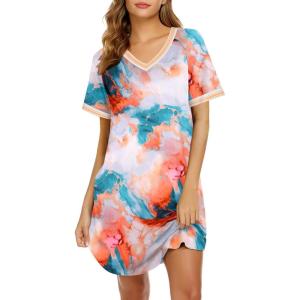 Ekouaer Womens Nightgown Short Sleeve Sleepshirt V Neck Sleepdress Casual Nightshirt Sleepwear Loungewear S-XXXL(Marble Pattern)