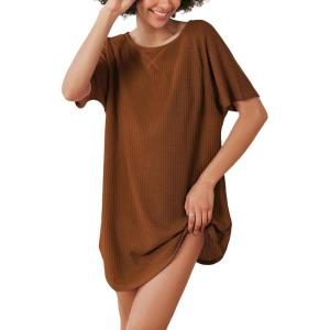 Ekouaer Women’s T-Shirt Nightgown Waffle Knit Short Sleeve Sleepshirts Comfy Casual Cover Ups(Brown)