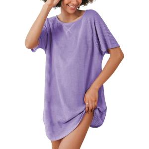 Ekouaer Women’s T-Shirt Nightgown Waffle Knit Short Sleeve Sleepshirts Comfy Casual Cover Ups(Lilac Purple)