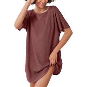 Ekouaer Women’s T-Shirt Nightgown Waffle Knit Short Sleeve Sleepshirts Comfy Casual Cover Ups(Purplish Red)