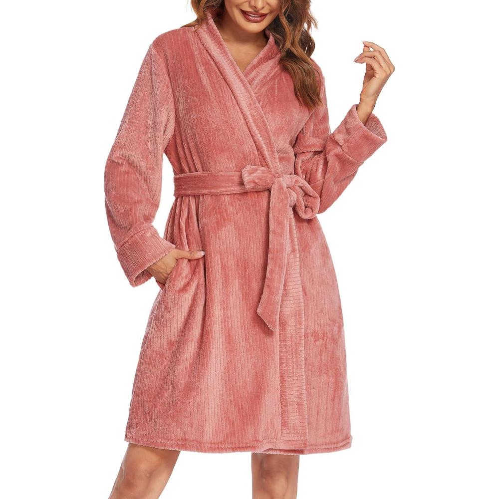 imageEkouaer Womens Robes Short Plush Bathrobe Knee Length Warm Soft Jacquard Robe Winter House Coat with Pockets SXXLRose Pink