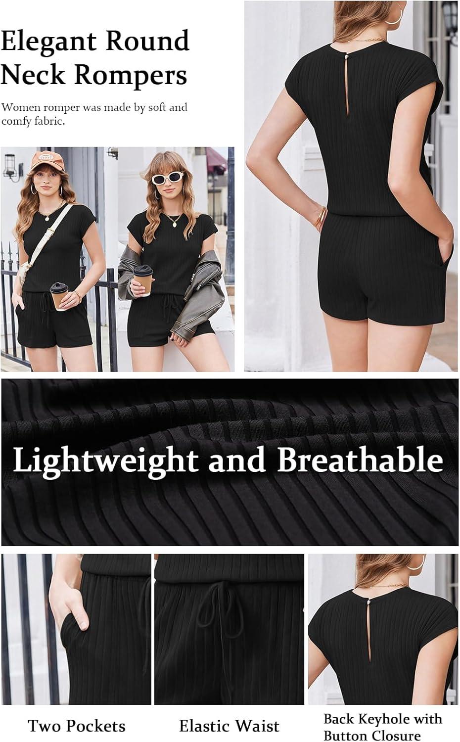 imageEkouaer Rompers for Women Summer Casual Cap Sleeve Crewneck Short Pants Jumpsuit Beach Vacation Outfit with Pockets SXXLBlack