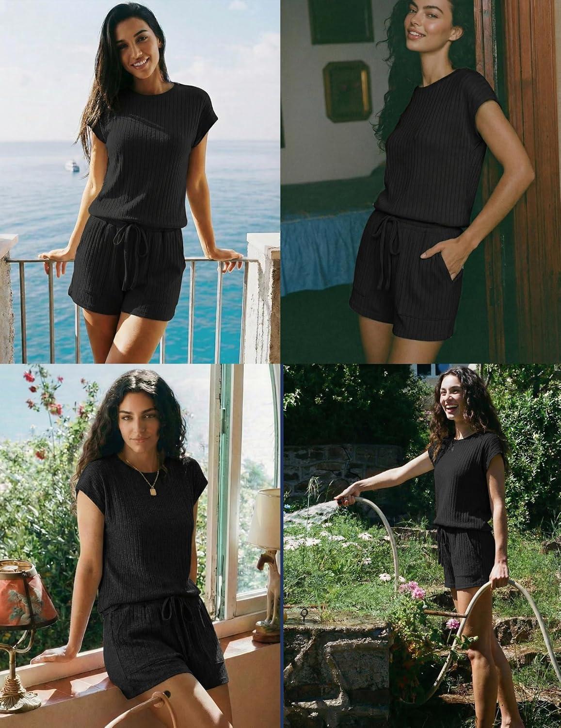 imageEkouaer Rompers for Women Summer Casual Cap Sleeve Crewneck Short Pants Jumpsuit Beach Vacation Outfit with Pockets SXXLBlack