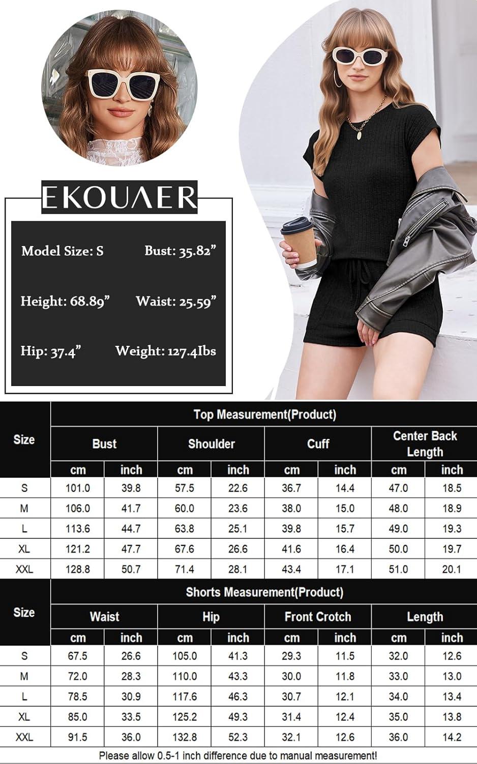 imageEkouaer Rompers for Women Summer Casual Cap Sleeve Crewneck Short Pants Jumpsuit Beach Vacation Outfit with Pockets SXXLBlack