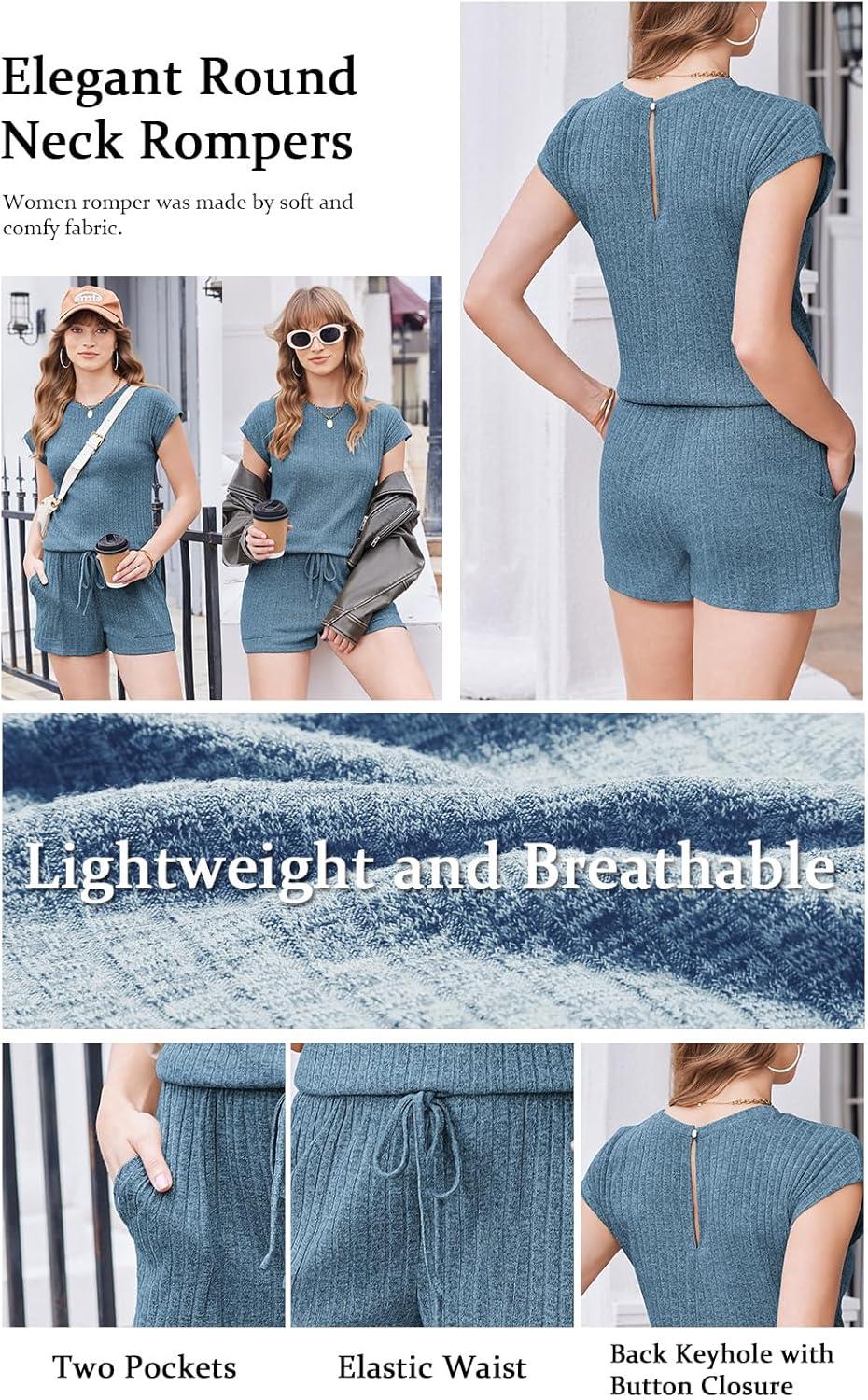 imageEkouaer Rompers for Women Summer Casual Cap Sleeve Crewneck Short Pants Jumpsuit Beach Vacation Outfit with Pockets SXXLBlue