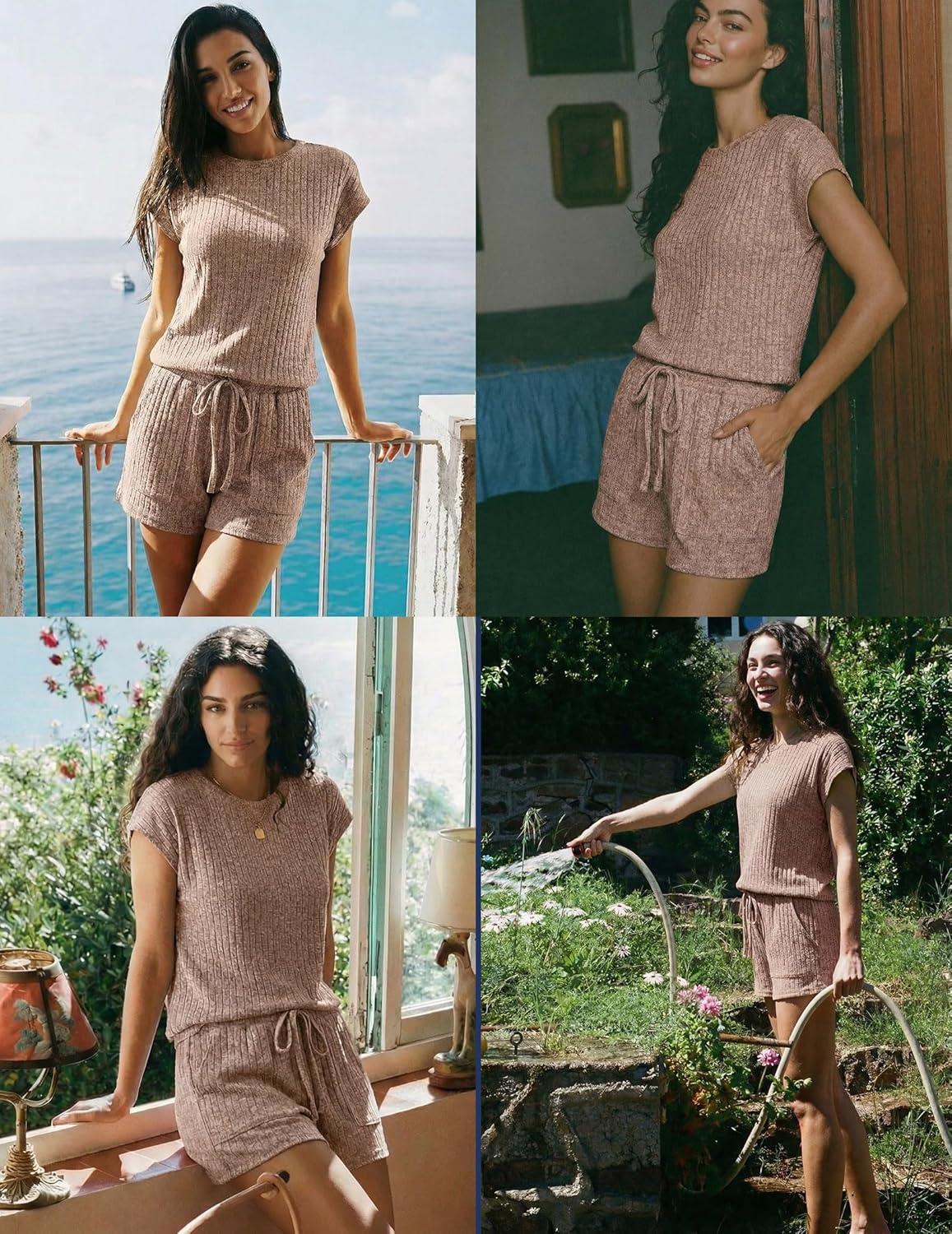 imageEkouaer Rompers for Women Summer Casual Cap Sleeve Crewneck Short Pants Jumpsuit Beach Vacation Outfit with Pockets SXXLBrown