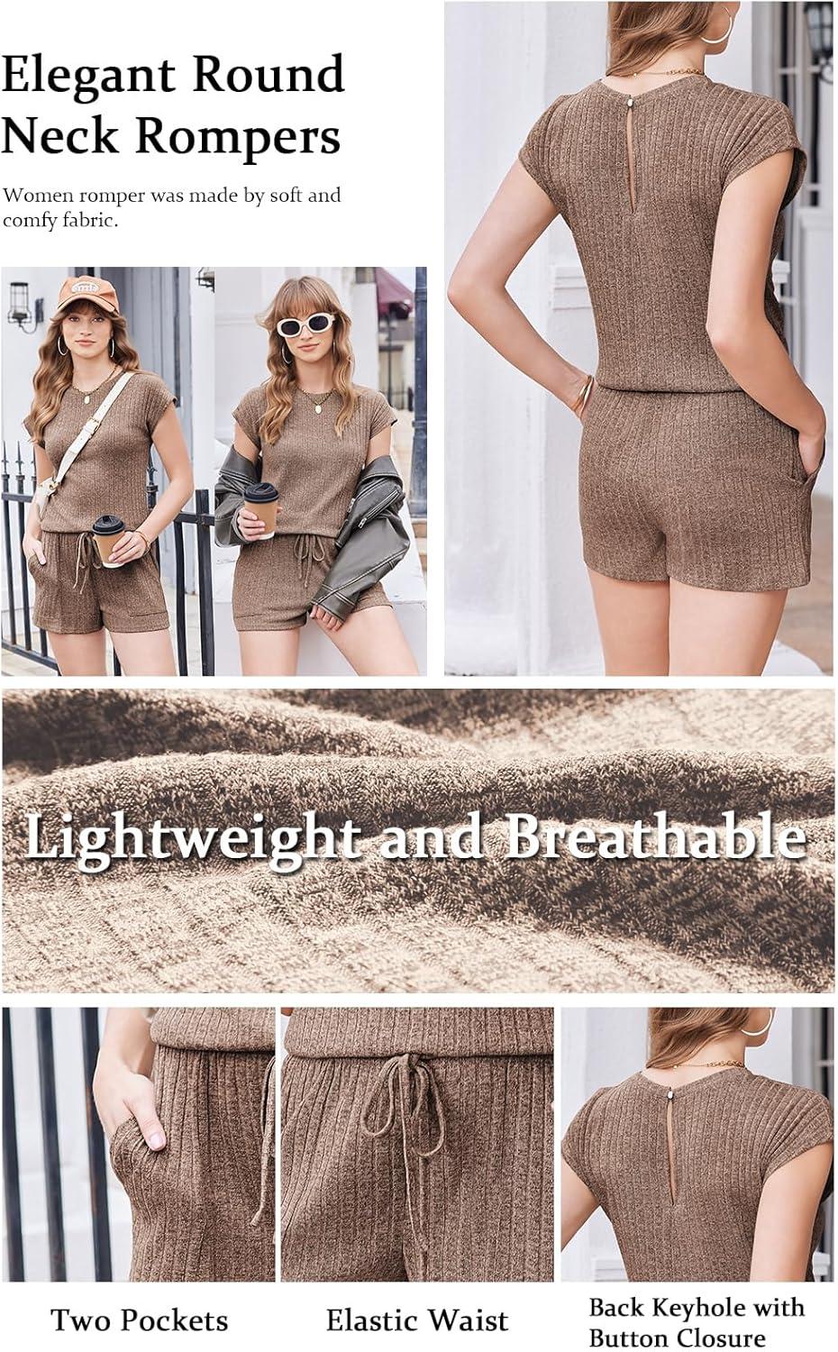 imageEkouaer Rompers for Women Summer Casual Cap Sleeve Crewneck Short Pants Jumpsuit Beach Vacation Outfit with Pockets SXXLBrown