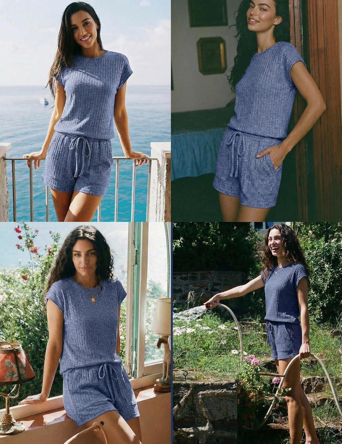 imageEkouaer Rompers for Women Summer Casual Cap Sleeve Crewneck Short Pants Jumpsuit Beach Vacation Outfit with Pockets SXXLNavy Blue