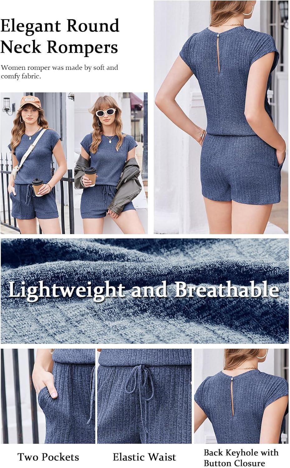imageEkouaer Rompers for Women Summer Casual Cap Sleeve Crewneck Short Pants Jumpsuit Beach Vacation Outfit with Pockets SXXLNavy Blue