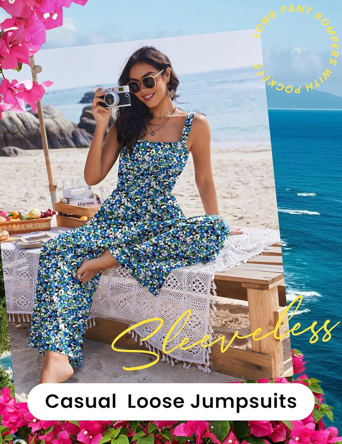 imageEkouaer Womens Casual Loose Jumpsuits One Piece Sleeveless Overalls Printed Long Pant Romper Fashion Boho Jumper with PocketFloral Blue Green