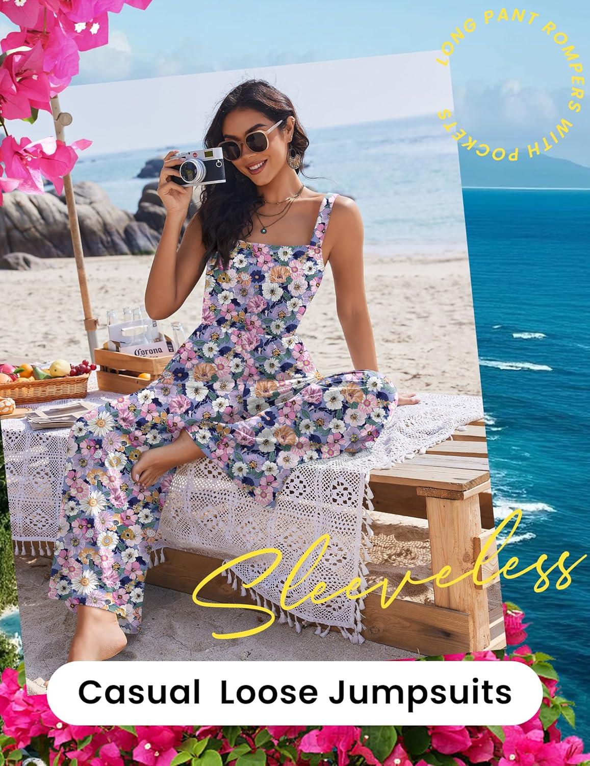 imageEkouaer Womens Casual Loose Jumpsuits One Piece Sleeveless Overalls Printed Long Pant Romper Fashion Boho Jumper with PocketFloral Print