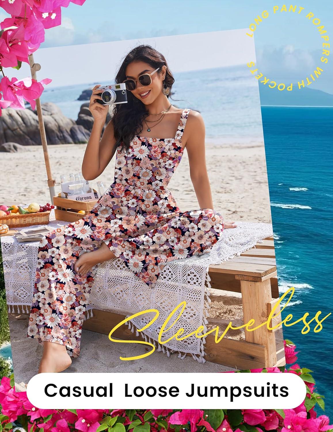 imageEkouaer Womens Casual Loose Jumpsuits One Piece Sleeveless Overalls Printed Long Pant Romper Fashion Boho Jumper with PocketFloral Print 2