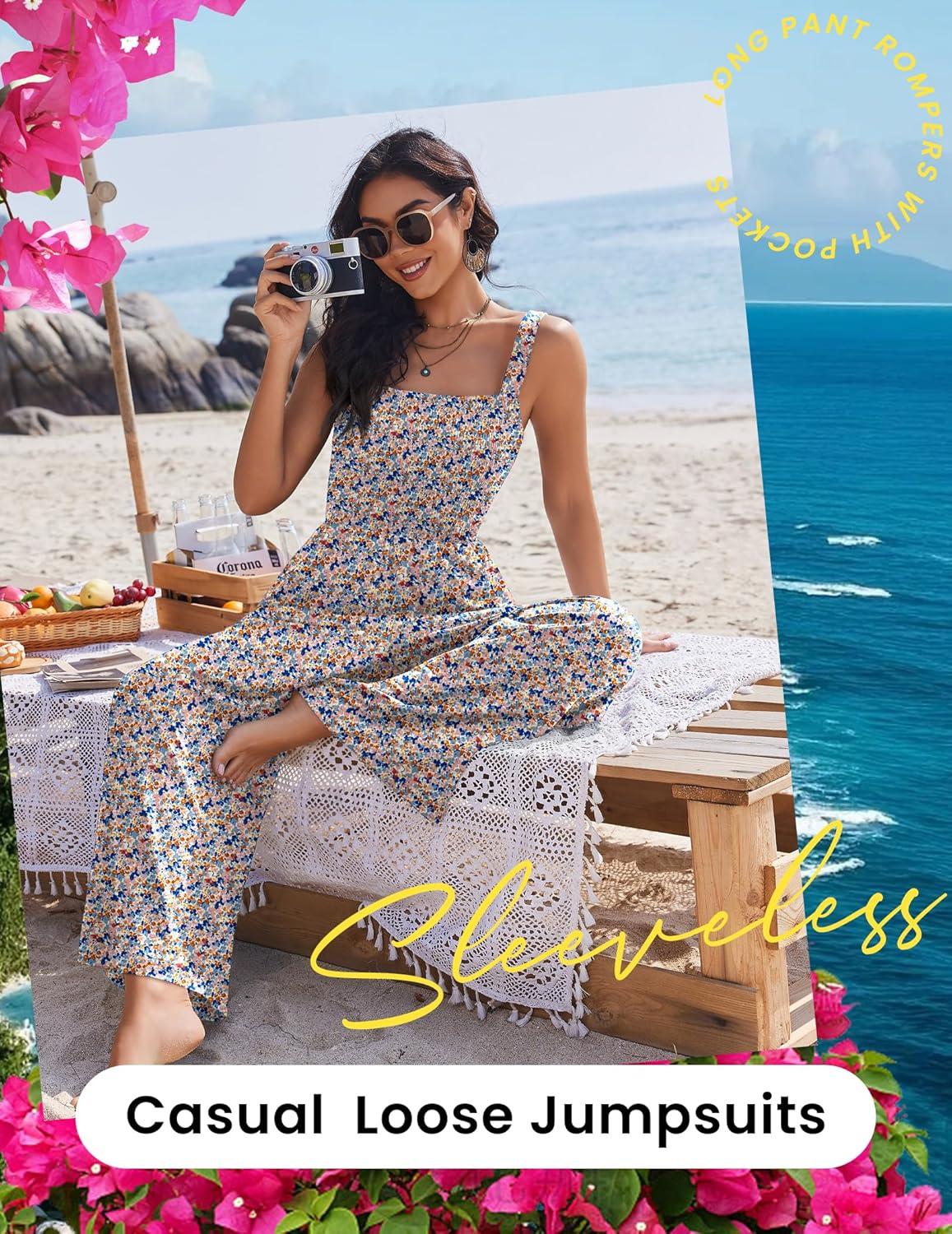 imageEkouaer Womens Casual Loose Jumpsuits One Piece Sleeveless Overalls Printed Long Pant Romper Fashion Boho Jumper with PocketFloral Print 3