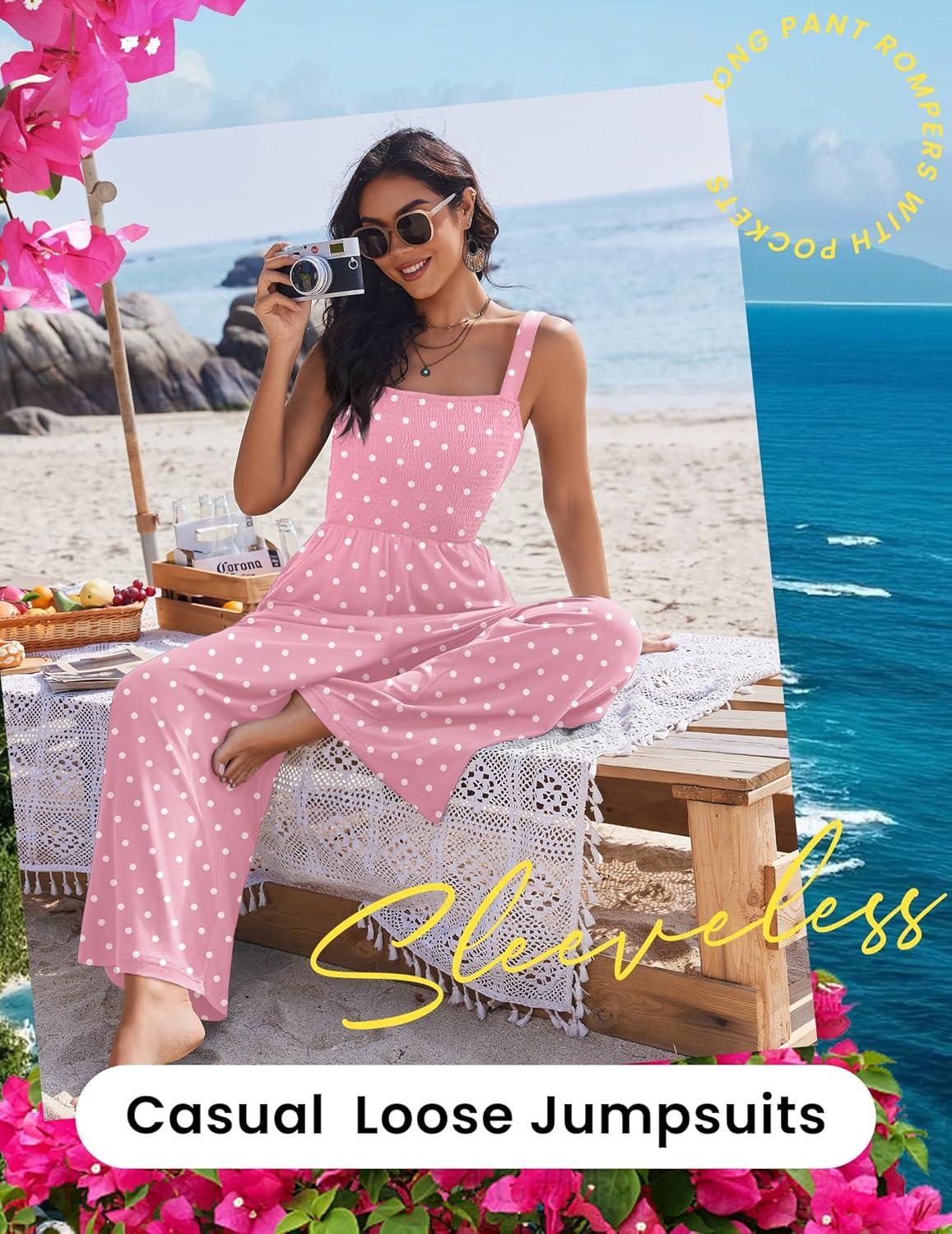 imageEkouaer Womens Casual Loose Jumpsuits One Piece Sleeveless Overalls Printed Long Pant Romper Fashion Boho Jumper with PocketPink Polka Pots Printed