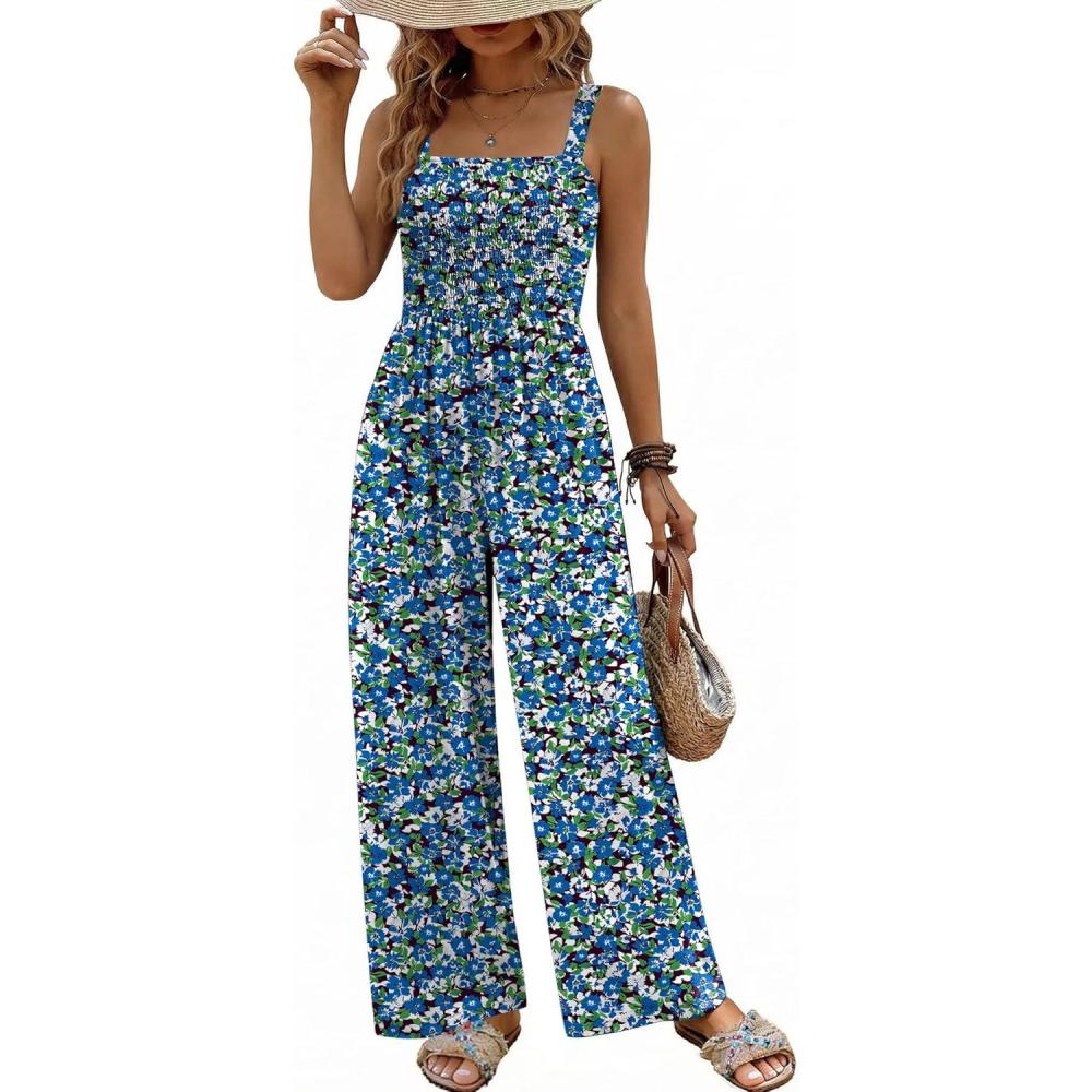 imageEkouaer Womens Casual Loose Jumpsuits One Piece Sleeveless Overalls Printed Long Pant Romper Fashion Boho Jumper with PocketFloral Blue Green